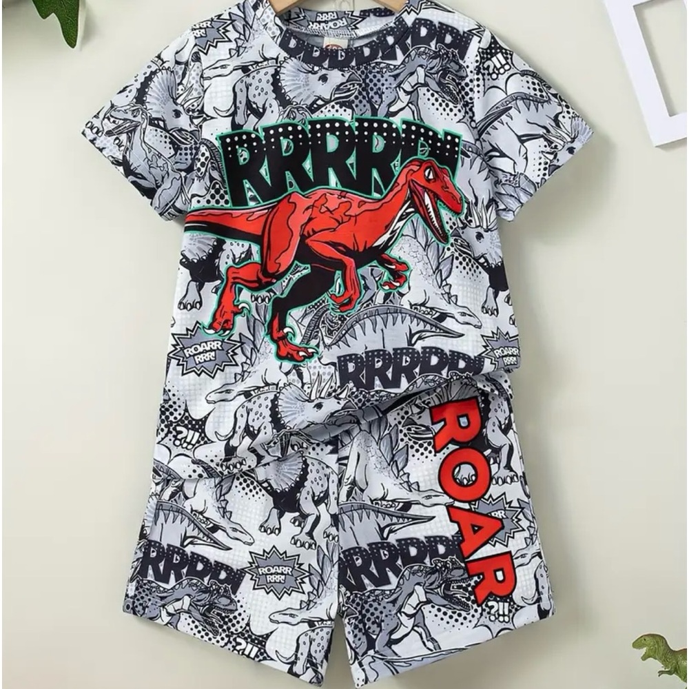 2 pcs Boys Casual Cartoon Cool Dinosaur Print shirt set grey Ages 5-6